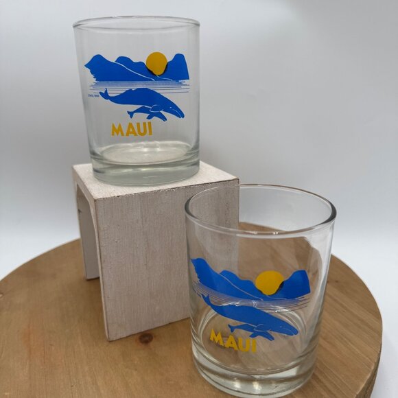 Vintage Libby Maui Hawaii barrage drink glasses set of 2 sunset mountain whales - Picture 1 of 6